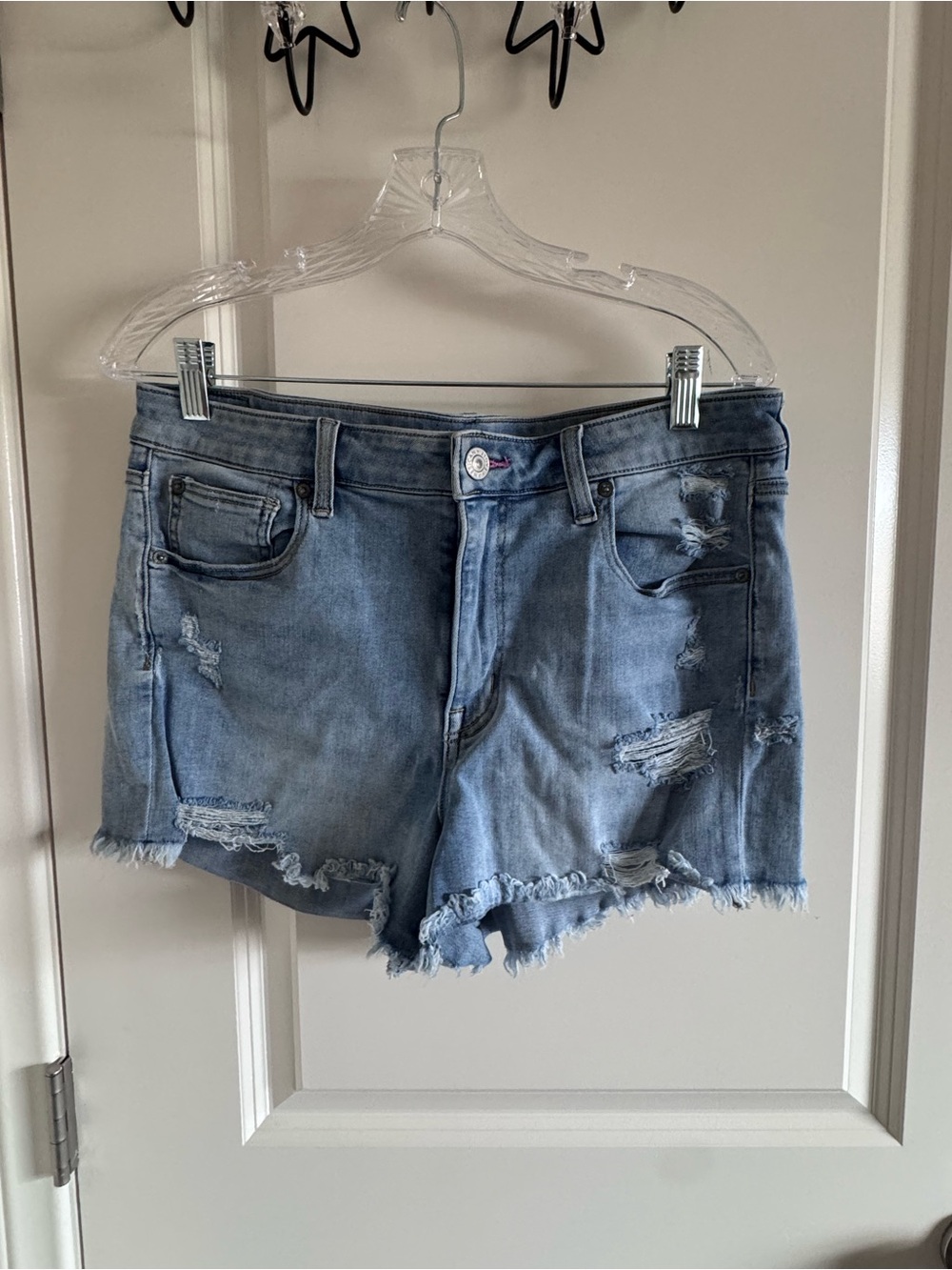 American Eagle Light Blue Distressed Denim Cutoff Shorts with Rainbow Embroidery